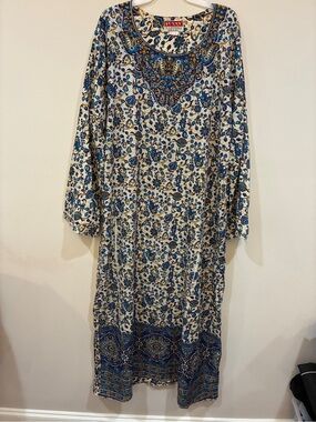 Blue and Cream Paisley Maxi Dress with Embroidered Neckline